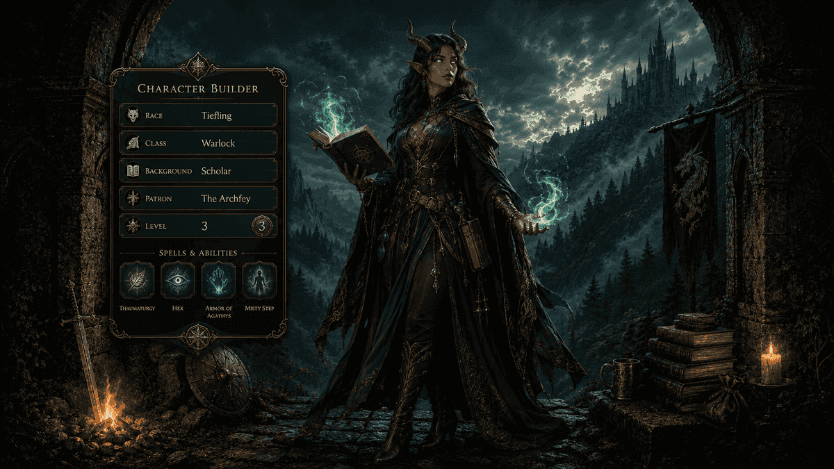 Character Builder preview — Tiefling warlock with race, class, background, and spell choices