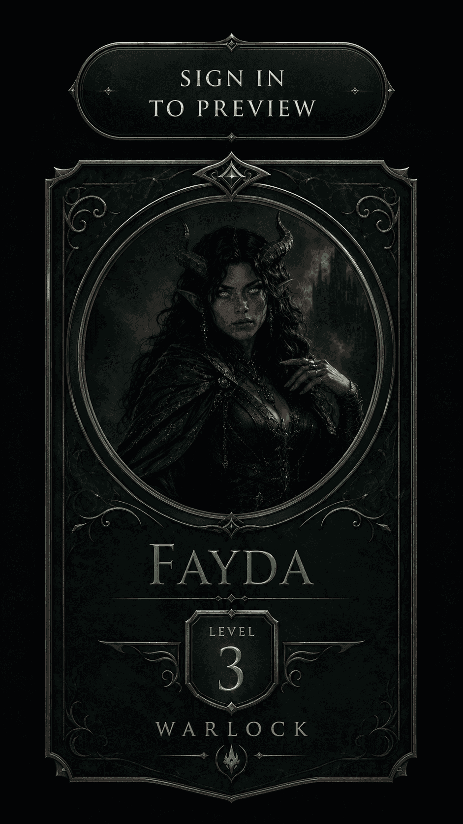 Sign in to use Character Builder — Fayda, Level 3 Warlock sample character